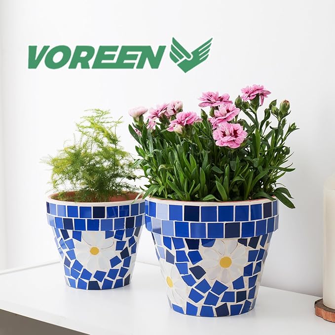 VOREEN Mosaic & Terracotta Plant Pots, 2 Pack Handmade Flower Pots with Drainage, Decorative Daisy Style Planters for Indoor Outdoor Plants, Home & Garden Decor, Gift for Mom Wife Friend