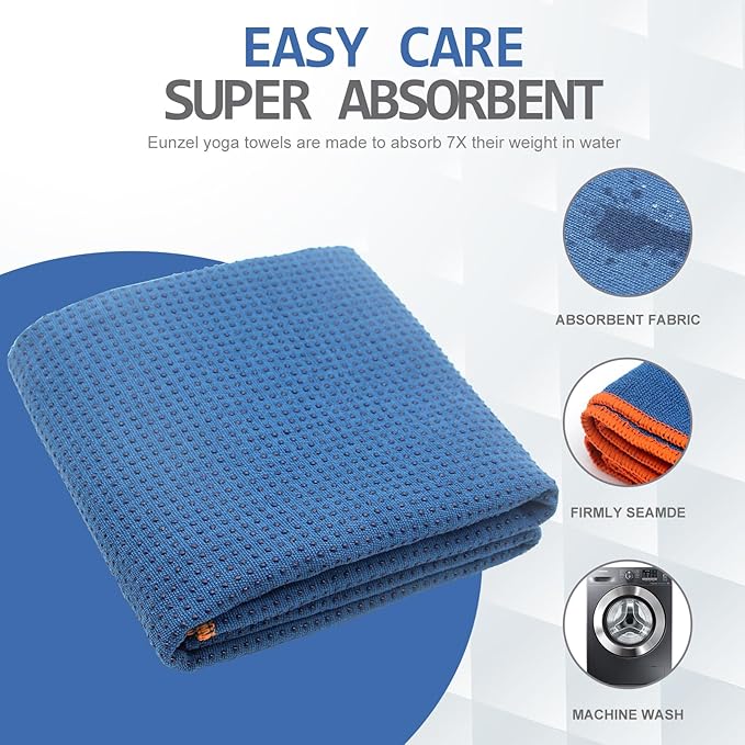 Eunzel Hot Yoga Towel - Microfiber Non Slip Yoga Mat Towel with Grip Dot Sweat Absorbent Towel for Hot Yoga, Pilates and Fitness 72" x 24", Steel Blue/Orange