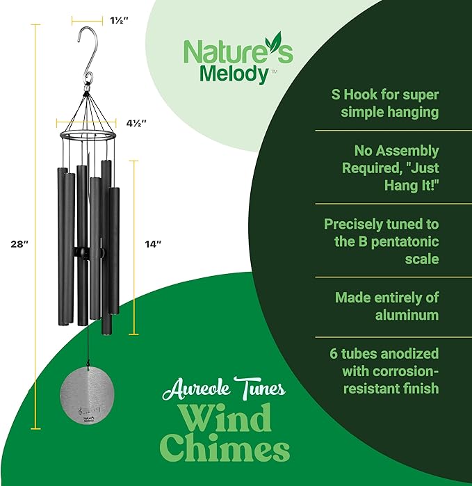 Nature’s Melody Aureole Tunes Wind Chimes – Outdoor Windchime with 6 Tubes Tuned to B Pentatonic Scale, 100% Rustproof Aluminum, Powder Finish & S Hook Hanger for Sympathy, Memorial Gift or Zen Garden