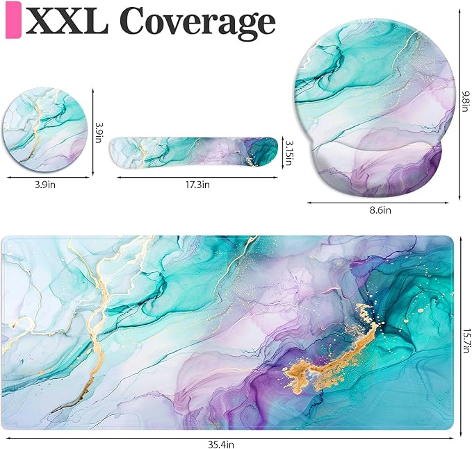 Long Mouse Pad XXL,Ergonomic Desk Mat Gaming Set,Keyboard Wrist Support Rest Mouse Pad Suitable for Office and Home (XXL Green Marble Set)