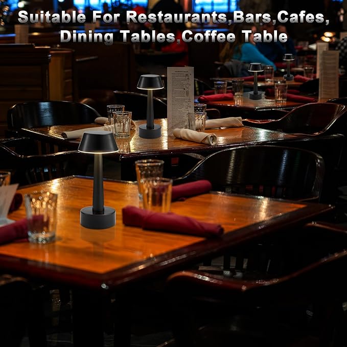 2 Pack Small Cordless Table Lamp, Battery Operated Black Lamp for Restaurant Dinner Table, Rechargeable 3-Way Dimmable Touch Light Portable Metal Night Light for Bedside Dining Room Patio Bar Outdoor
