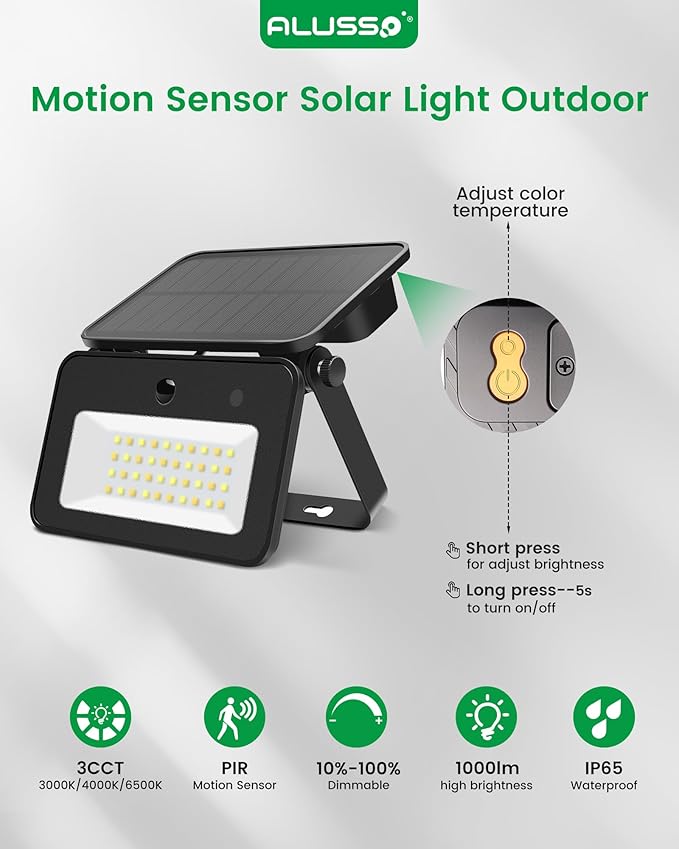 ALUSSO® Solar Security Lights Outdoor, 3CCT Solar Flood Lights with Remote Control Motion Sensor, 1000LM, Dimmable, 3 Modes, IP65 Waterproof, 2 Pack