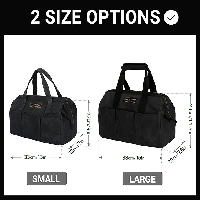 Heavy-Duty 16oz Waxed Canvas Tool Tote Bag - 15" Wide Mouth Open Top Organizer with 15 Pockets | Multi-Purpose Storage for Tools, Hardware & DIY Supplies (Black)