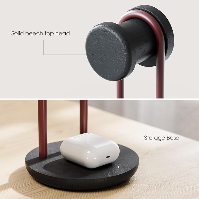Fenge Headphone Stand for Desk, Nature Wood & Metal Headphone Holder with Storage Base, Desktop Headset Stand for Gaming Universal Headphones