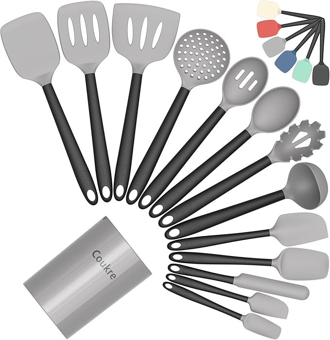 Coukre Silicone Kitchen Cooking Utensils Set with Holder – Heat-Resistant, Food-Grade Kitchen Tools, Spatula, Spoon & Gadgets for Non-Stick Pans, Dishwasher Safe (14, Gray)