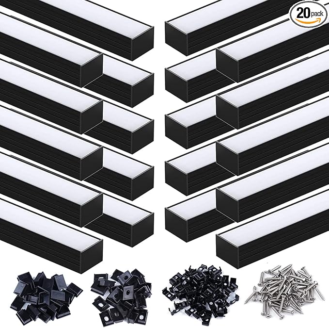 Muzata 20Pack 3.3FT/1M Plus-Size Spotless LED Channel Black LED Strip Diffuser Channel with Milky Frosted White Diffuser Cover U103 BW 1M