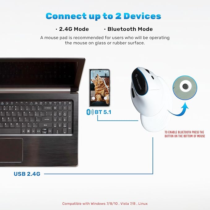 J-Tech Digital Wireless Mouse, Vertical Ergonomic Mouse with Bluetooth Dual Modes + USB Dongle + Rechargeable w/ 2.4GHz Wireless + Adjustable DPI 3200 for Laptop, Desktop, PC, Mac [V638W], White