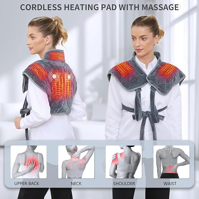 Vofuoti Portable Heating Pad for Neck and Shoulders, Cordless Heating Pad with Battery and 3 Heat Settings, Weighted Electric Heated Neck Shoulder Wrap, 16'' x 22'', 2.2lbs