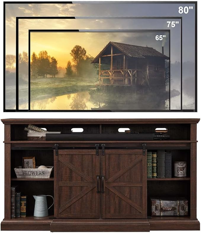 Farmhouse TV Stand for 80 Inch TVs, 37.4"Tall Entertainment Center w/Storage Cabinets and Sliding Barn Door, Media Console Cabinet w/Soundbar & Adjustable Shelves for Living Room, 70 inch (Brown)