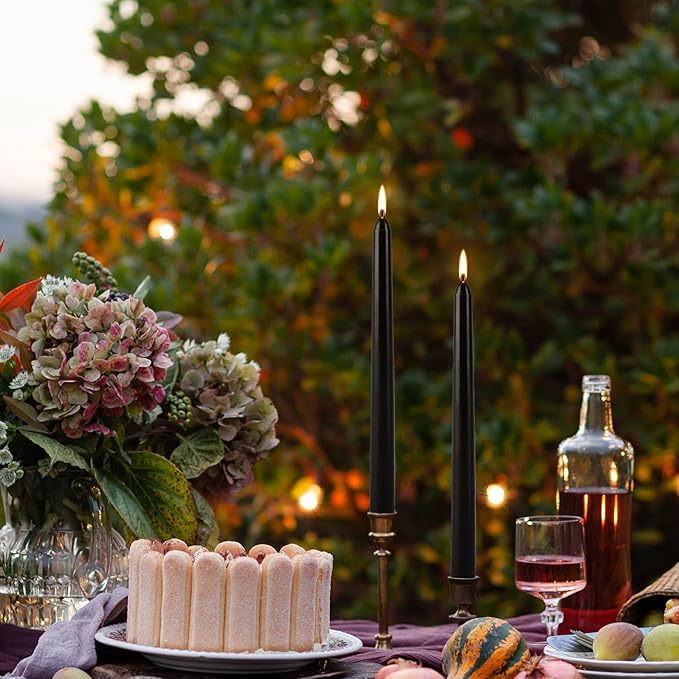 24 Pack Black Taper Candles, 7-8 Hours Burn Time, Unscented, Smokeless and Dripless, 10 Inch Dinner Candle Set for Household, Wedding, Party and Home Décor Candlesticks.