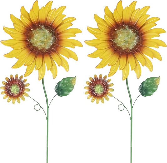hogardeck Metal Sunflowers Decorative Garden Stakes, 2 Pack 33" Outdoor Garden Decor with Shaking Head Sunflowers Ornament Yard Stakes, Spring Yard Art Fairy Decorations for Patio Lawn