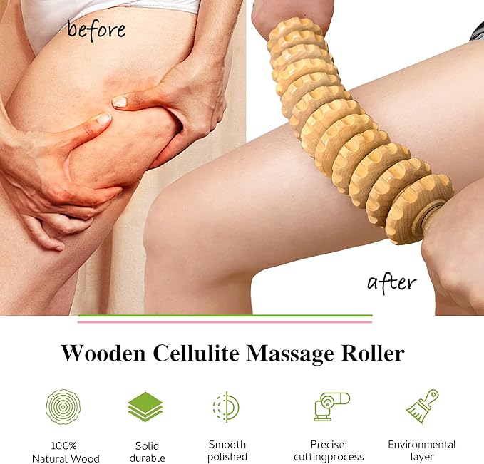 Wooden Curved Handheld Roller Stick Massager - 12 Rollers Wood Therapy Tool for Trigger Point, Fascia & Cellulite Reduction, Lymphatic Drainage, Muscle Tension Relief & Body Shaping (Wood)