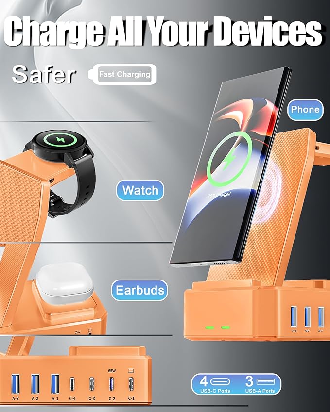 300W Wireless Charger for Samsung,Zutspzss 10 in 1 Wireless Charging Station, 65W USB C Fast Charging Stand for Samsung S25 Ultra/S24/S23/S22/Z Fold,Galaxy Watch Ultra7/6/5,Galaxy Buds,Orange