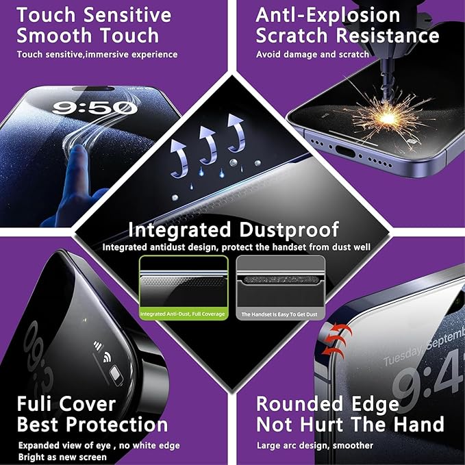 Matte Privacy Screen Protector for iPhone 17, iPhone 16 Pro 6.3-Inch, Auto Dust Removal, 9H Anti-Spy Tempered Glass Film, Full Cover, Anti-Fingerprint, Easy Installation, 2 Pack