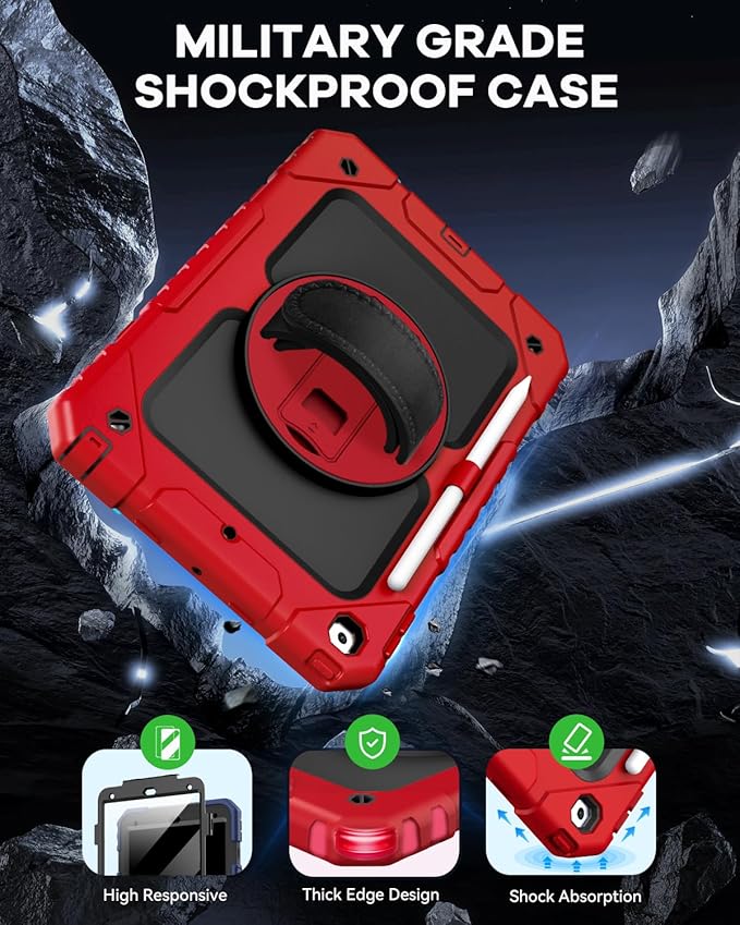 Cantis Case for iPad 9th/8th/7th Generation with Screen Protector, iPad 10.2 Case 2021/2020/2019 with 360 Degree Rotating Stand/Shoulder Strap/Pencil Holder, Red