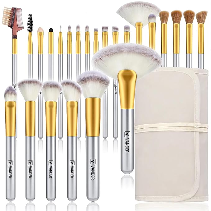 VANDER Makeup Brushes, 24Pcs Premium Synthetic Fiber&Wooden Handle Travel Makeup Brush Set, Foundation Powder Concealers Eye Shadows Blush Make up Brushes for Women, Girl, with Cosmetic Bag, Champagne