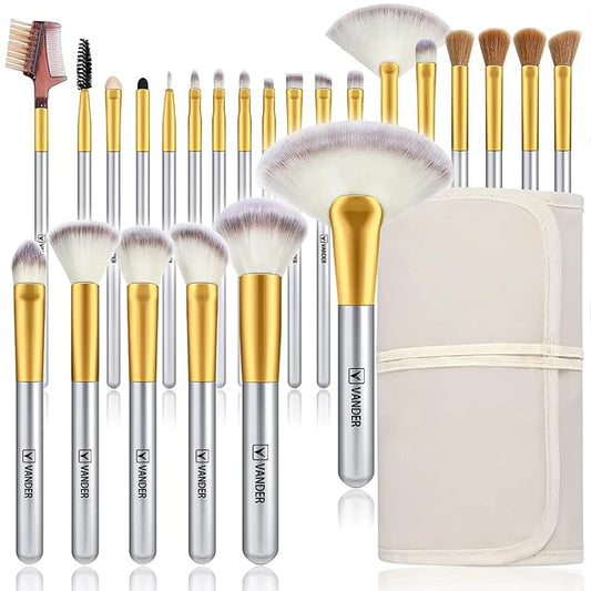 VANDER Makeup Brushes, 24Pcs Premium Synthetic Fiber&Wooden Handle Travel Makeup Brush Set, Foundation Powder Concealers Eye Shadows Blush Make up Brushes for Women, Girl, with Cosmetic Bag, Champagne
