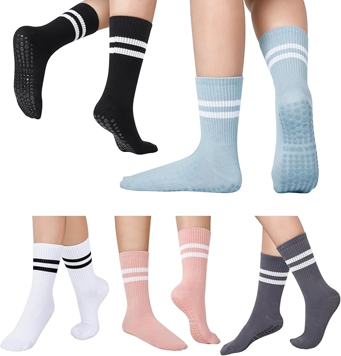 5 Pairs Pilates Socks with Grips for Women - Grip Yoga Socks for Women Non Slip Grippy Sock for Pure Barre, Dance, Barefoot, Workout, Hospital Sticky Slipper Socks-Pink/White/Black/Gray/Blue