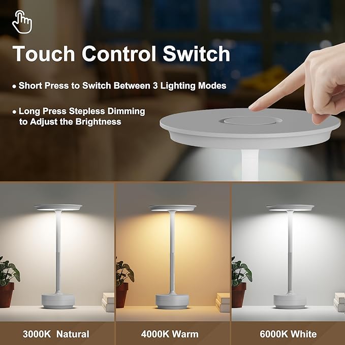 Rechargeable Cordless Table Lamp, Portable 5000mAh LED Touch Table Light, 3 Color Stepless Dimming Battery Powered Table Lamp for Outdoor/Restaurant/Patio.(Light Gray)