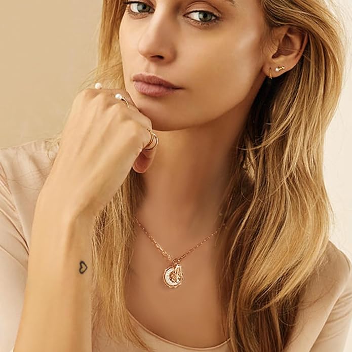 Gold Zodiac Sign Embossed Coin Opal Crescent Moon Charm Necklace for Women Trendy 18K Gold Plated Retro Paperclip Chain 12 Constellation Horoscope Necklaces Astrology Jewelry Gifts