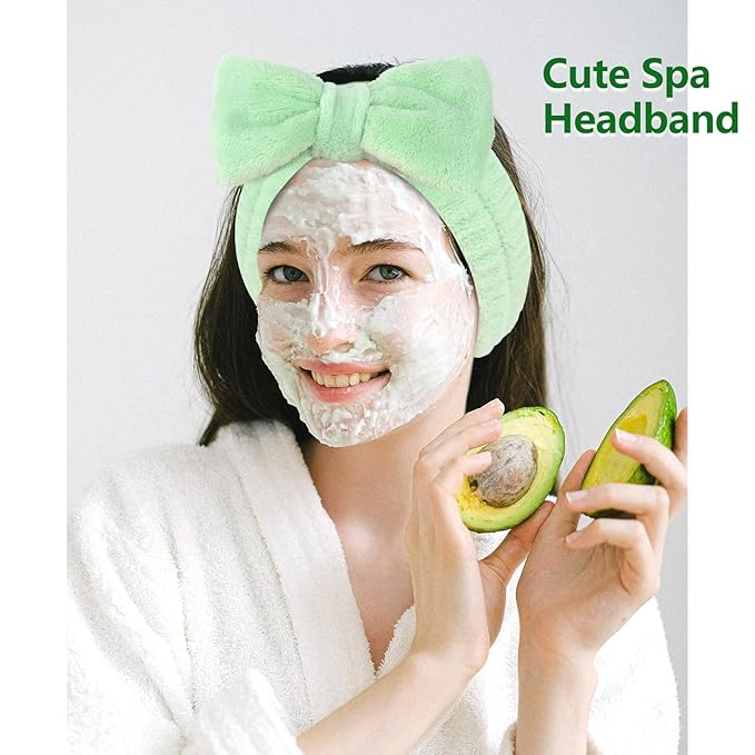 Ondder Green Spa Terry Cloth Skincare Headbands for Women - 8 Pcs Makeup Bow Hair Bands for Face Washing and Skin Care