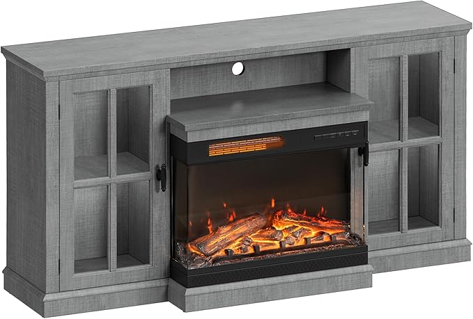 JUMMICO Fireplace TV Stand for TVs up to 65'', 3-Sided Glass Media Entertainment Center Console Table with Cabniet Storage Adjustable Flame LED Color for Living Room (Wash Grey)