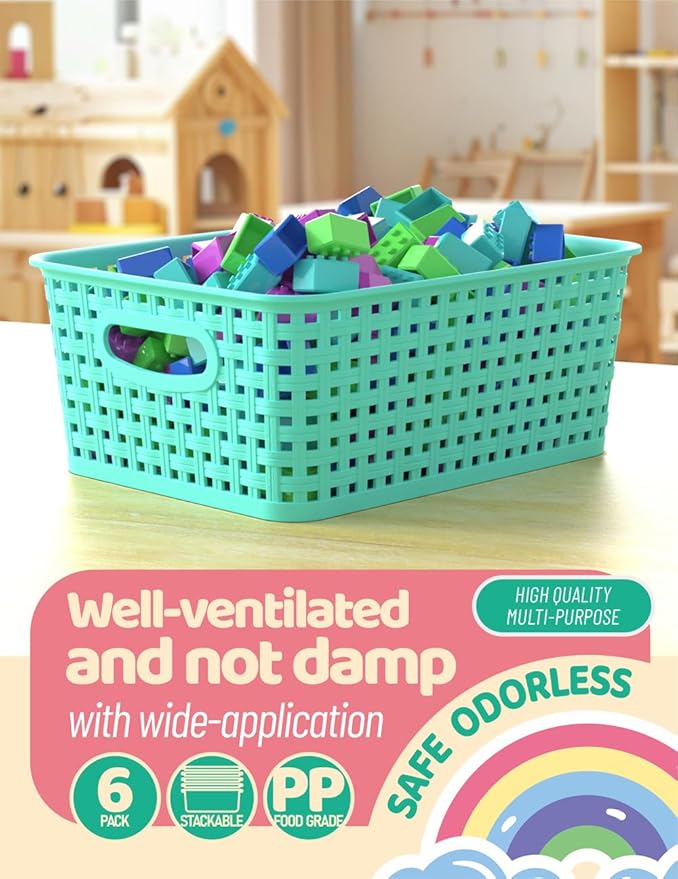 WYT 6-Pack Plastic Small Shelf Storage Weave Baskets Organizing for Cabinets and Pantries, Sky Blue