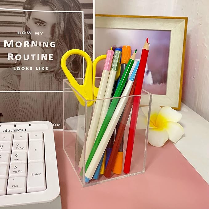 4-Piece Clear Acrylic Pen Holder & Pencil Cup - Makeup Brush Holder - Desktop Stationery Organizer for Office, School, Home - 4 Pack, Square