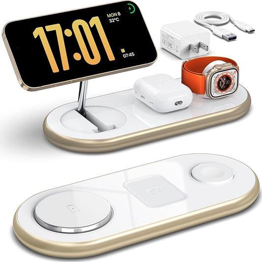 Magnetic Charging Station, 3 in 1 Faster Mag-Safe Wireless Charger Stand, Wireless Charging Pad for Apple Devices, iPhone 17/16/15/14/13/12 Series, iWatch Series, AirPods (Golden)