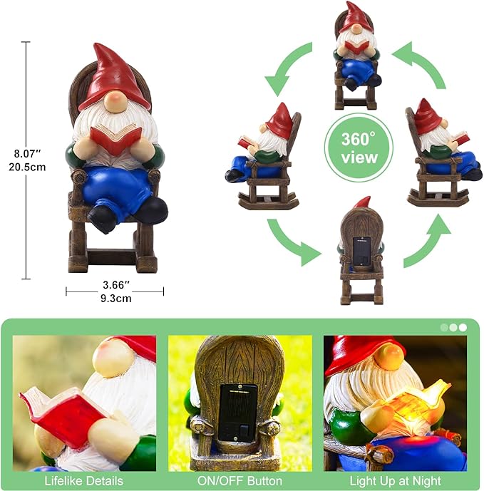 Gnome Reading Solar Statue - Outdoor Solar Gnome Reading on a Chair Garden Decor - Unique Design Ideal Gifts for Women,Mom