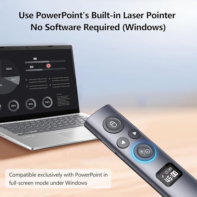 Norwii N95s BLE Presentation Clicker with Digital Pointer for PowerPoint Presentation on TV Screen and Projection Screen, Wireless Presenter Remote with Countdown Timer (Green Light-USB-C)