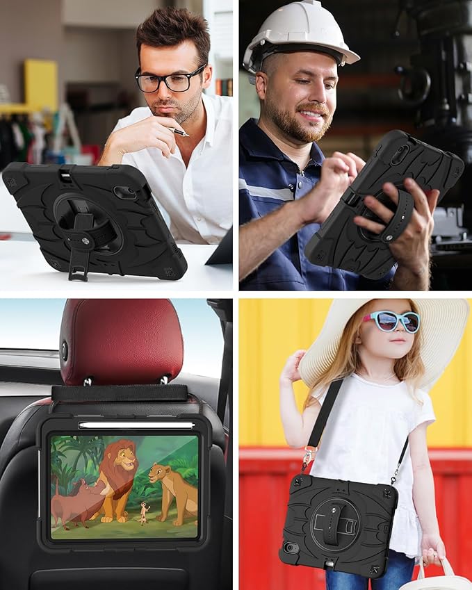 for iPad(A16) 11 inch 2025 case/10.9 inch iPad 10th Generation Case, Heavty Duty Shockproof Full Protective Case with Screen Protector and Rotatable Hand Strap, Shoulder Strap (Pure Black)
