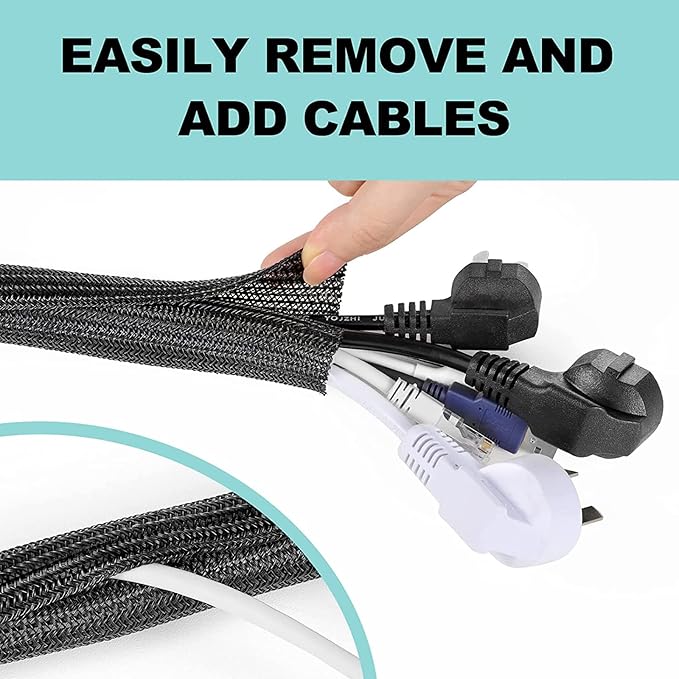 AGPTEK Cable Sleeve Cover, 2Pack 5ft - 1.8 inch Desk Cord Organizer Cable Hider, Home Office Wire Management Computer TV Wire Loom Tubing, Pet Proof Cord Protector, from Cat Dog Chewing, Black