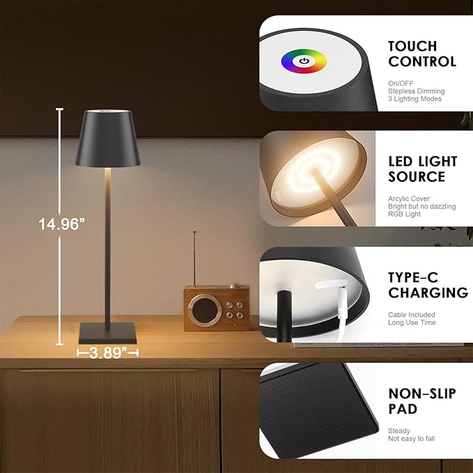 2 Pack LED Cordless Table Lamp with RGB & Stepless Dimming Rechargeable Battery Desk lamp 3W 5500mAh Battery Operated with Modern Portable Table Light for Indoor/Outdoor IP54 Waterproof (Black)