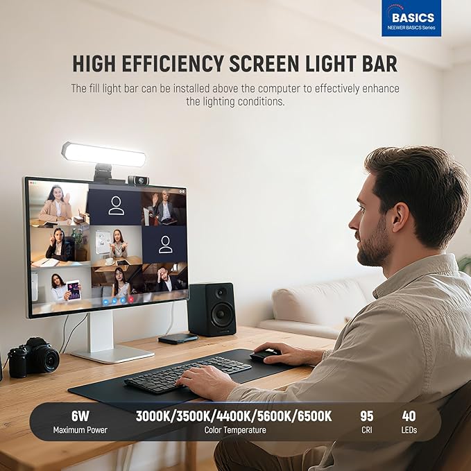 NEEWER Basics 6W Monitor Light Bar with Stand/Remote/Touch Control, Bi Color Dimmable LED Desk Lamp for Home Office Video Conference Lighting Computer Laptop Webcam Zoom Gaming Streaming Reading, L10