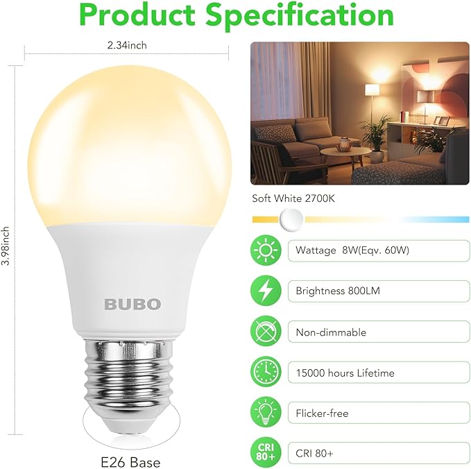 BUBO 48 Pack A19 LED Light Bulbs, 60 Watt Equivalent LED Bulbs, Soft White 2700K, 800 Lumens, E26 Standard Base, Non-Dimmable, 8W Soft White LED Bulbs for Bedroom Living Room Home Office