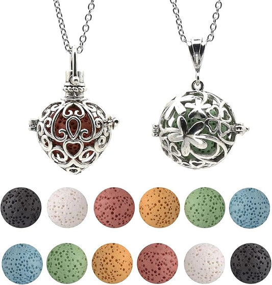 2PCS Aromatherapy Essential Oil Diffuser Necklace Love Heart and Hollow Ball Locket Pendant Necklace with Lava Bead Stone for Women