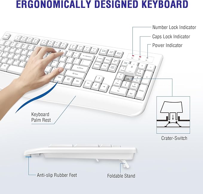 Wireless Keyboard, 2.4G Full-Sized Ergonomic Wireless Computer Keyboard with Wrist Rest for Windows, Mac OS Laptop/PC/Desktop/Notebook (White)