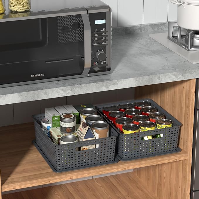 Hespama 6 Pack Plastic Woven Baskets, Stackable Storage Basket with Lid, Dark Grey