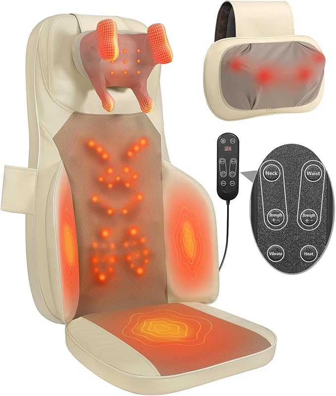 4D Shiatsu Massage Cushion w/Heat - Neck Back Pain Relief, Targets Muscle Stiffness from Long Sitting - Kneading, Vibration Technology & Dual Necks Heads Design for Office Chair, Home, Beige