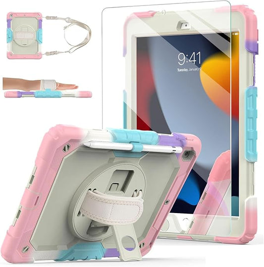 Ambison Case for iPad 9th/8th/7th Generation 10.2'' 2021/2020/2019, [Kid Proof] Full Body Protective Case with 9H Tempered Glass Screen Protector, 360° Rotatable Kickstand & Hand Strap (Light Pink)
