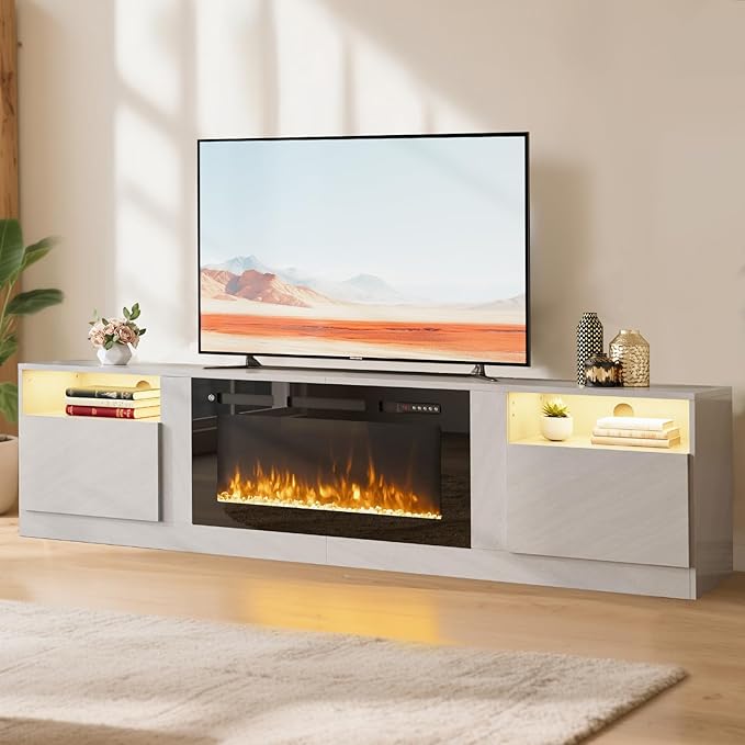80” TV Stand with 36” Electric Fireplace, Large Modern Media Entertainment Center with Storage Cabinet and 12 Colors LED Lights for TVs Up to 90",Grey and Black