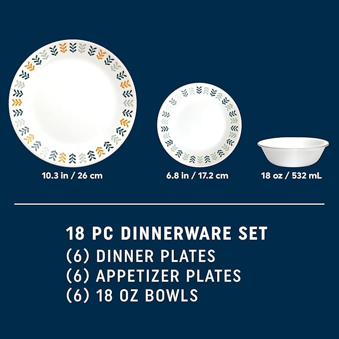 Corelle Vitrelle 18 Piece Glass Dinnerware Sets Service for 6, Triple Layer Chip & Crack Resistant Glass Plate and Bowl Sets, Anders