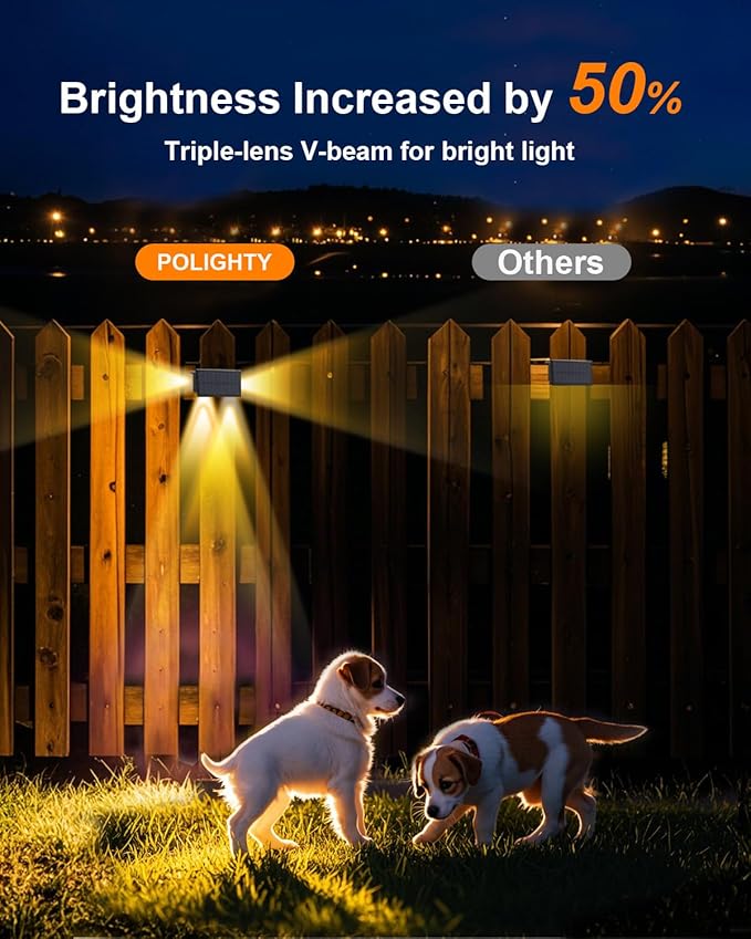 4 Pack 3-Side Solar Fence Lights Outdoor Waterproof with Warm White LED Spot Lens, for Wall, Deck, Patio, Yard, Rail, Garage, Pool, Designed for Enhanced Security, Easy Install