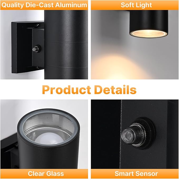Dusk to Dawn Outdoor Wall Lights 4 Packs, Modern Outdoor Porch Lights with Bulbs, Integrated LED Cylinder Exterior Light Wall Mount, Up and Down Lighting Wall Sconce for House Porch Door