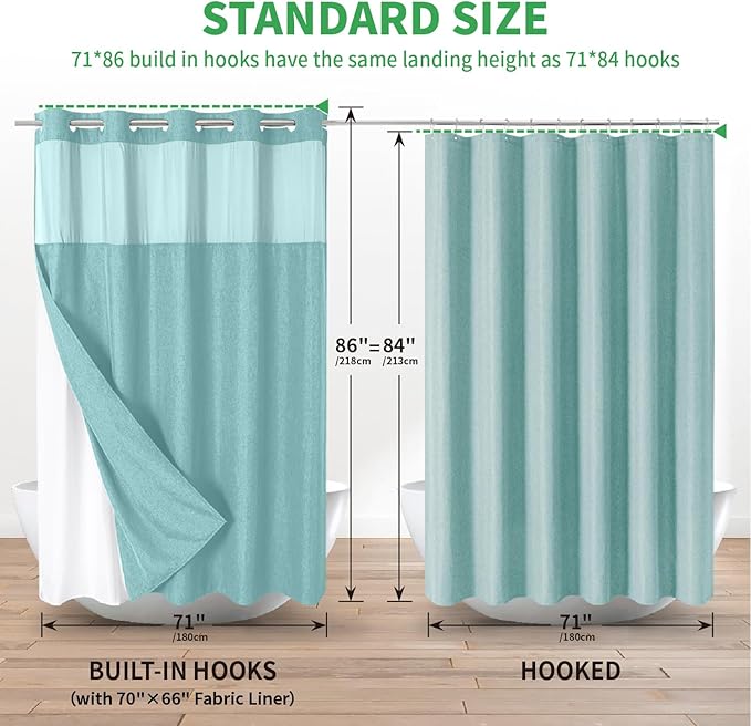 Extra Long No Hooks Needed Linen Textured Shower Curtain with Snap-in Fabric Liner Set,White Hotel Luxury Decor Shower Curtains for Bathroom,Waterproof & Washable,71Wx86H,Teal