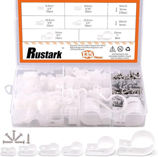 135 Pcs Cable Clamp 6 Size White Nylon R-Type Cord Wire Organizer Clips Fasteners Assortment kit with 135 Pack Screws for Wire Management