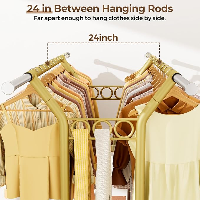 Heavy Duty Clothes Rack, Rolling Clothing Racks With Shelves Load 620 LBS, Double Rod Clothing Racks for Hanging Clothes, Portable& Adjustable Clothes Rack with Wheels Garment Rack,Gold