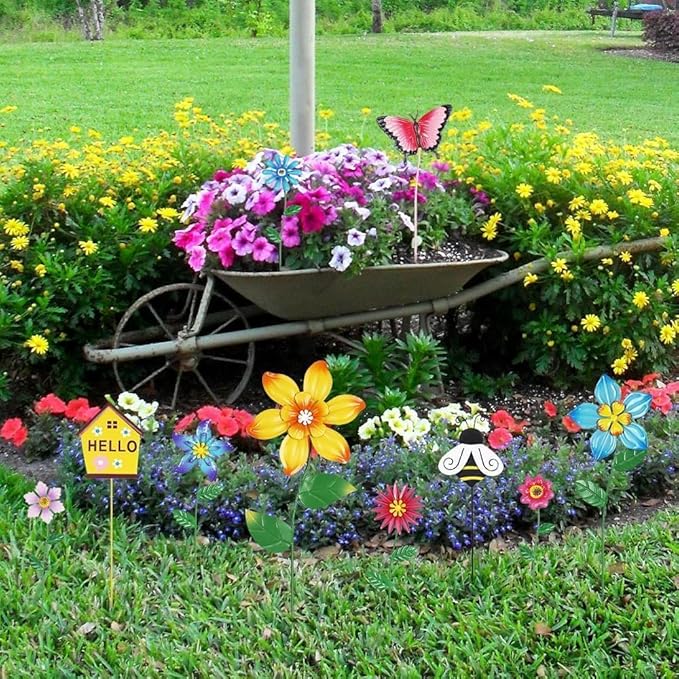 hogardeck Garden Decor for Outside, Set of 10 Metal Flowers Decorative Garden Stakes for Spring Decor, Gardening Gifts for Women Mom Grandma Wife, Yard Art Outdoor Lawn Porch Pathway Decorations