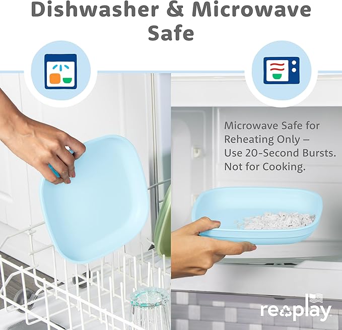 Re-Play Toddler Plates - 22 Oz. Deep-Walled Flat Kids Plates - Dishwasher & Microwave Safe - Made in USA - Set of 3-7.37" x 7.37" x 1.25" - Bluesy
